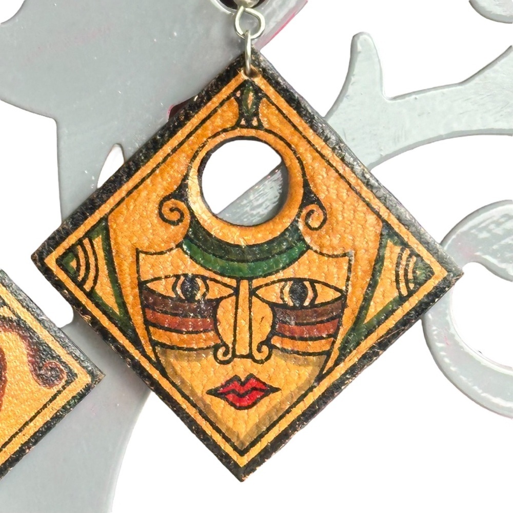 Vintage Mexican Tribal Painted Face Leather Drop Earrings - Picture 3 of 10
